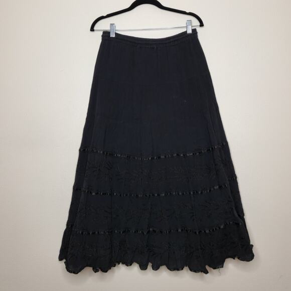 Vintage y2k Boho Western Maxi Skirt Cotton Black Embroidered Tiered Med Sand Sun - Picture 5 of 5